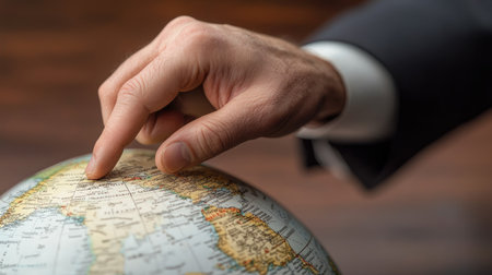 A businessman hand pointing to Ukraine on a globe, highlighting the importance of Eastern Europe in global business strategies.の素材