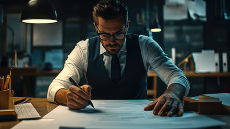 A businessman carefully filling out business documents in a corporate office, emphasizing the importance of precision.の素材