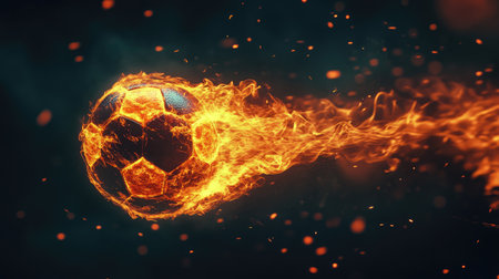 A flaming soccer ball streaking across a dark background, symbolizing the power and heat of a fierce match.の素材
