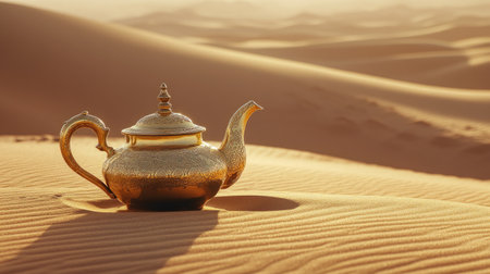 A golden teapot nestled in the desert dunes, symbolizing the richness and cultural heritage of the Orient.の素材
