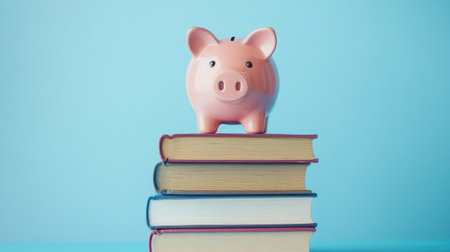 Pink piggy bank standing on a stack of books, representing education savings. Isolated on a blue background with ample copy space.の素材