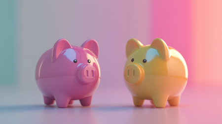 Pink piggy bank next to a piggy bank of another color, symbolizing diverse financial goals.の素材