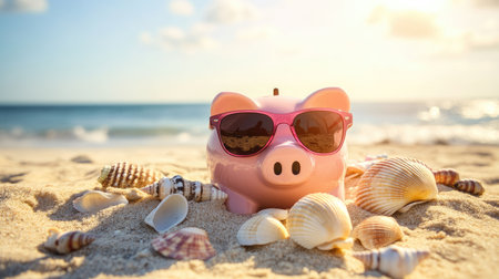 Pink piggy bank wearing sunglasses, lying on a sandy beach with seashells. Represents vacation savings and summer budgeting.の素材