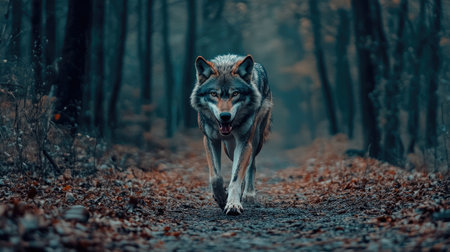 A lone wolf showing its teeth as it walks down a forest path, representing anger, strength, and survival instincts.の素材