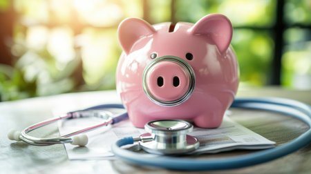 Close-up of a pink piggy bank with a stethoscope around it, symbolizing health savings and medical expenses.の素材