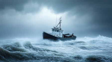 A boat on the verge of disaster in a stormy sea, with a faint clearing in the sky providing a glimmer of hope.の素材