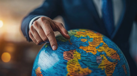 A businessman pointing to Eastern Europe, specifically Ukraine, on a globe, symbolizing global business strategy and resource planning.の素材