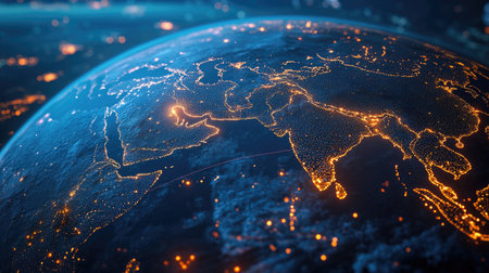 A digital world globe centered on Asia and the Middle East, symbolizing global connectivity, data transfer, and cyber technology.の素材