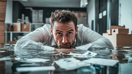 A desperate businessman drowning at his desk, representing burnout, economic recession, and the heavy burden of financial stress.の素材