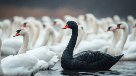 A black swan standing out among a group of white swans, symbolizing unique leadership and individuality.の素材