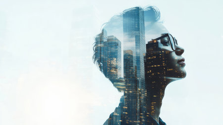 A construction expert with a double exposure of towering skyscrapers, representing the modern building industryの素材