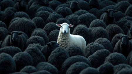A lone white sheep in a flock of black sheep, symbolizing individuality, leadership, and uniqueness.の素材