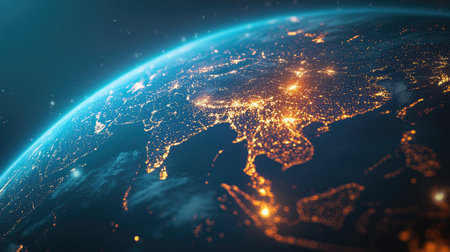 A glowing digital globe focused on Asia and the Middle East, representing international data transfer and global telecommunication.の素材