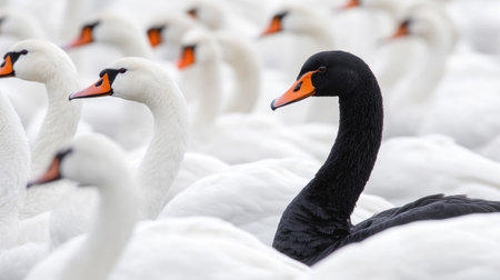 A black swan standing out among a group of white swans, symbolizing unique leadership and individuality.の素材