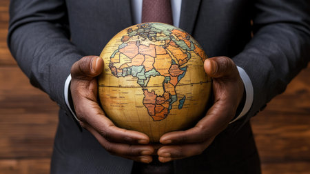 A businessman highlighting Africa on a globe, symbolizing the focus on the continent's resources in global business.の素材