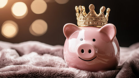 Pink piggy bank with a golden crown on top, symbolizing wealth and royal financial status. Isolated on a luxurious velvet background.の素材
