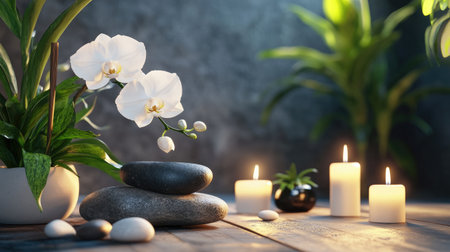 A serene spa setup with zen stones, candles, and a white orchid, symbolizing relaxation, wellness, and harmony.の素材
