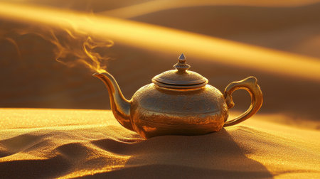 A shimmering gold teapot partially buried in the sand of endless desert dunes, evoking images of Oriental mystery.の素材