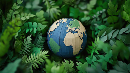 A paper earth globe surrounded by green foliage, symbolizing environmental protection and care for our fragile planet on Earth Day.の素材