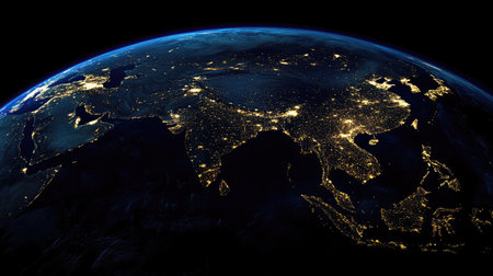 A nighttime satellite view of Earth, showing the illuminated cities of Asia, with China and India clearly visible.の素材