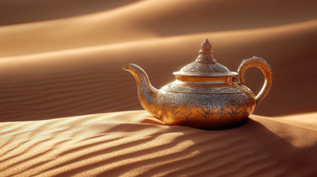 An ornate gold teapot lying in the sand, lost in the vast desert dunes, representing the mystery and allure of the Orient.の素材