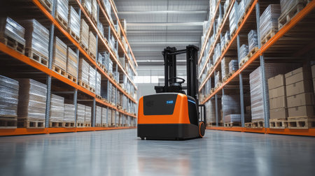 A smart forklift using AI and machine learning for warehouse storage, highlighting the role of robotics in logistics.の素材