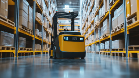 A smart forklift using AI and machine learning for warehouse storage, highlighting the role of robotics in logistics.の素材