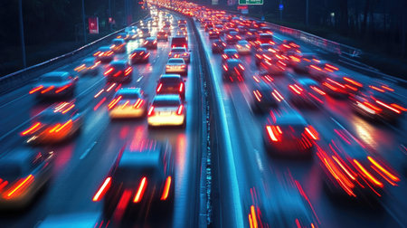 Evening rush hour on a busy city highway, with headlights and taillights forming abstract patterns through motion blur.の素材