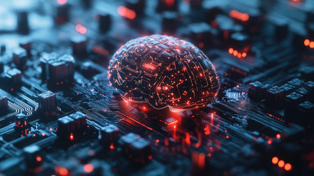 Electronic cyber brain with neural circuits, representing advances in AI, biotechnology, and quantum computing.の素材