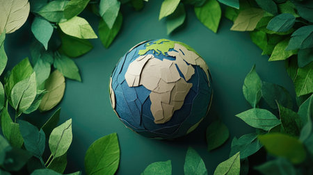 An earth globe made of paper surrounded by green leaves, highlighting the concept of Earth Day and environmental careの素材