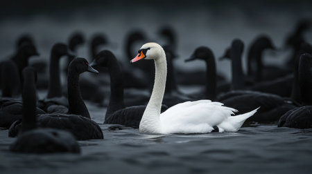 A single white swan among black swans, representing the courage to lead with individuality and uniqueness.の素材