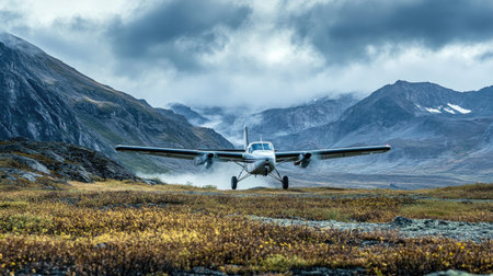 Air logistics challenges: Small plane landing in a remote area, showcasing the specialized aerial logistics for hard-to-reach locations.の素材
