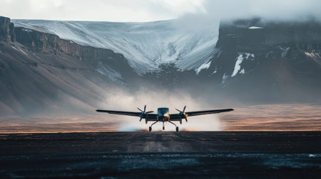 Air logistics challenges: Small plane landing in a remote area, showcasing the specialized aerial logistics for hard-to-reach locations.の素材