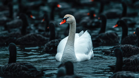 A white swan standing out among black swans, representing unique leadership and the power of individuality.の素材