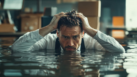 A stressed businessman submerged in water at his workplace, overwhelmed by burnout, economic crisis, and mental load, symbolizing financial panic.の素材
