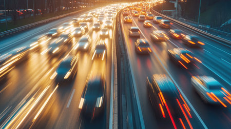 High-speed traffic on a city highway during evening rush hour, with car headlights creating abstract light trails.の素材