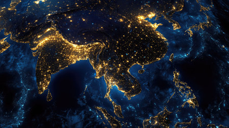Satellite imagery of Earth at night, with the glowing lights of Asian cities, highlighting the region's bustling activityの素材