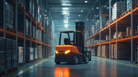 AI-powered forklift navigating a warehouse, symbolizing automation and machine learning in modern industrial logistics.の素材