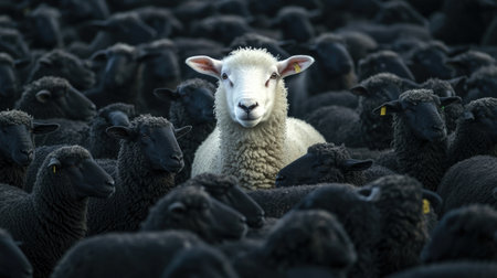 A white sheep raising its head among black sheep, representing uniqueness and standing out in a crowd.の素材