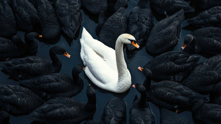 A white swan surrounded by black swans, highlighting the concept of distinct leadership and unique identity.の素材