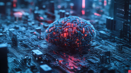 Neural circuits and a cyber brain in a high-tech setting, representing AI technology, biotech, and machine learning advancements.の素材