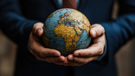 The world in the hands of finance, with a businessman focusing on Ukraine, representing strategic business planning in Eastern Europeの素材