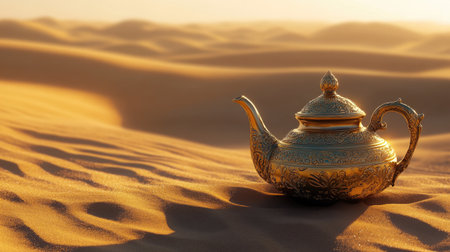 An ornate gold teapot lying in the sand, lost in the vast desert dunes, representing the mystery and allure of the Orient.の素材