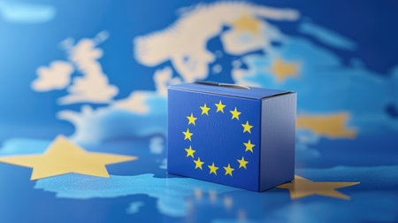 Voting for the EU election, with a ballot box and blue background featuring the European map and flag. -の素材