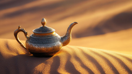An Oriental gold teapot resting on the sandy surface of a desert dune, capturing the essence of exotic lands.の素材