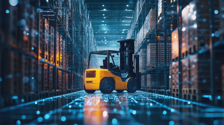 Automated forklift in action within a warehouse, powered by AI and machine learning, representing the future of industrial logistics.の素材