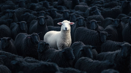 A white sheep standing out among black sheep, representing the idea of being unique and having special skillsの素材