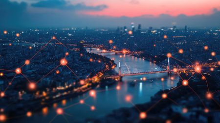 Abstract view of smart city lights by night, with glowing river bridges and network connectivity, representing modern technology.の素材