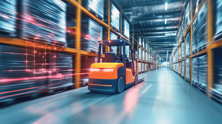Automated forklift in action within a warehouse, powered by AI and machine learning, representing the future of industrial logistics.の素材