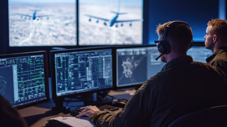 Air route strategy: Technicians analyzing data on multiple screens to determine the most efficient air logistics routes.の素材